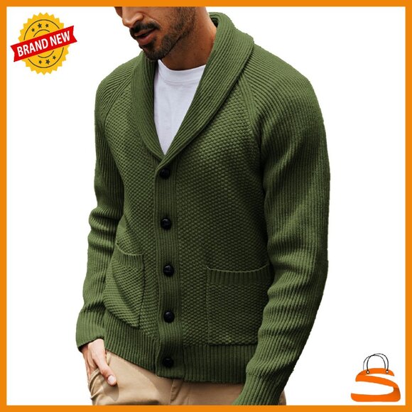 Men's Shawl Collar Cardigan Sweater Knit Fabric Button Down Patch Pockets